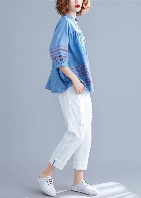 Diy Denim Blue Cotton Shirts Stand Collar Embroidery Summer Blouse