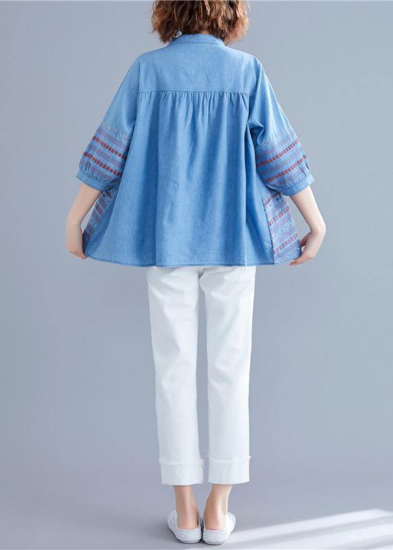 Diy Denim Blue Cotton Shirts Stand Collar Embroidery Summer Blouse