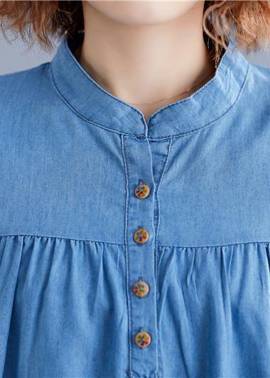 Diy Denim Blue Cotton Shirts Stand Collar Embroidery Summer Blouse