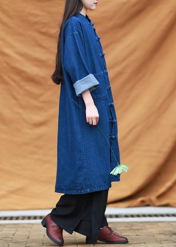 Diy Denim Blue Tunic Stand Collar Pockets Maxi Dress