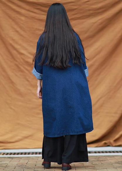 Diy Denim Blue Tunic Stand Collar Pockets Maxi Dress