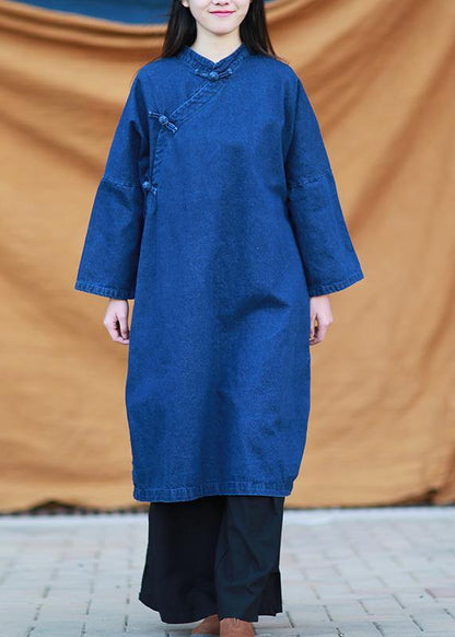 Diy Denim Dark Blue Quilting Dresses Stand Collar Baggy Dresses