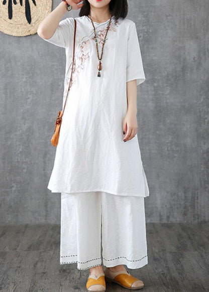 Diy Embroidery Chinese Button Linen Cotton Outfit Sleeve White Dresses
