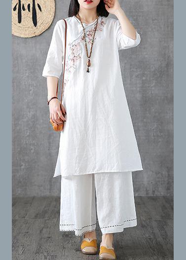Diy Embroidery Chinese Button Linen Cotton Outfit Sleeve White Dresses