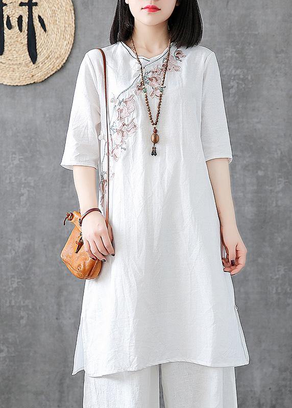 Diy Embroidery Chinese Button Linen Cotton Outfit Sleeve White Dresses