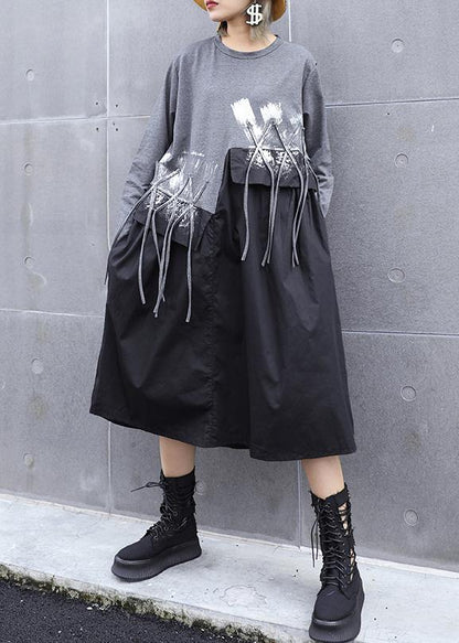 Diy Gray Cotton Quilting Dresses Patchwork Tassel Maxi O Neck Dresses