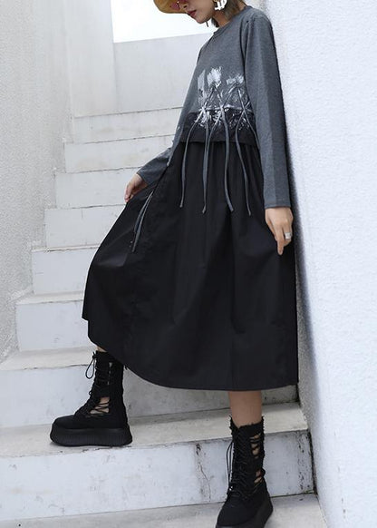 Diy Gray Cotton Quilting Dresses Patchwork Tassel Maxi O Neck Dresses