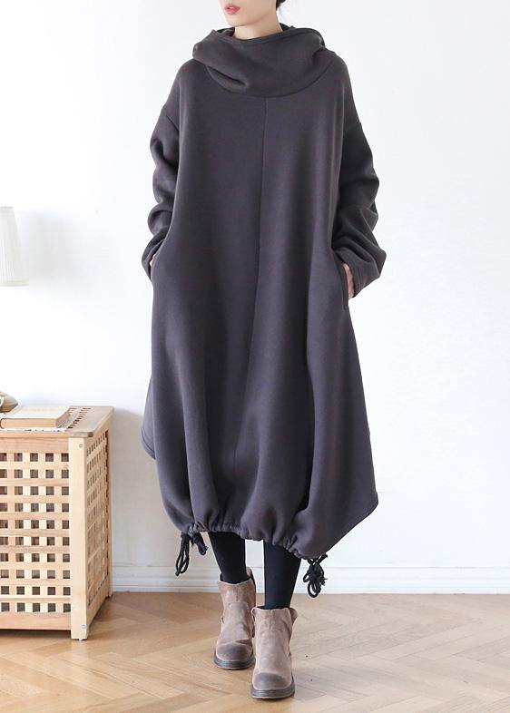Diy Gray Cotton Tunic Pattern Hooded Asymmetric Cotton Dress