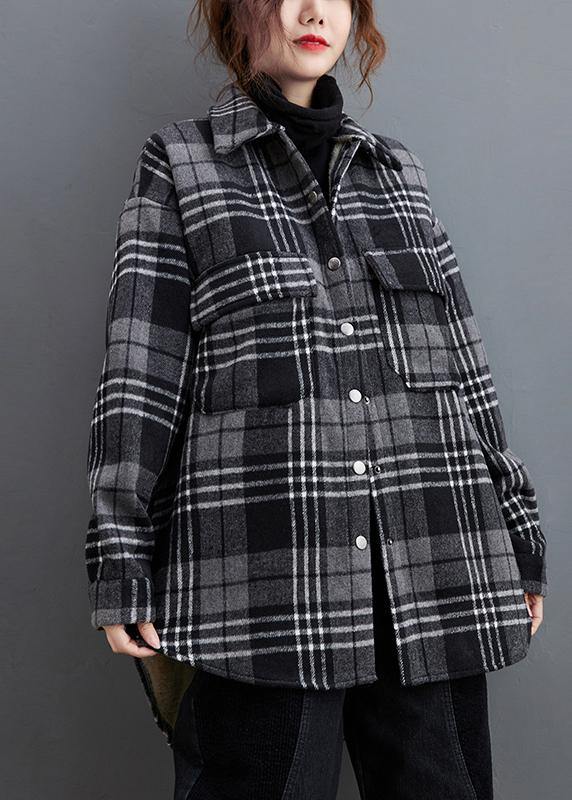 Diy Gray Plaid Clothes Lapel Pockets Baggy Shirts