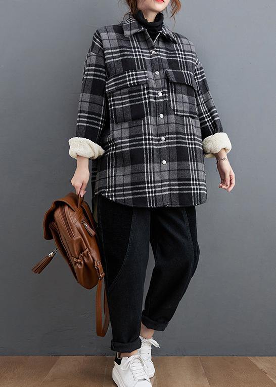 Diy Gray Plaid Clothes Lapel Pockets Baggy Shirts