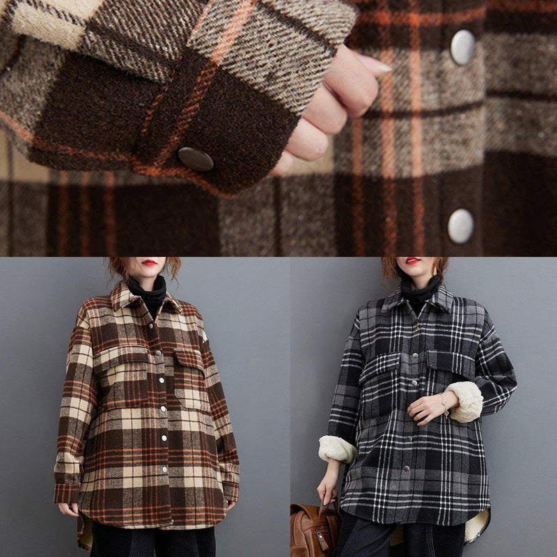 Diy Gray Plaid Clothes Lapel Pockets Baggy Shirts