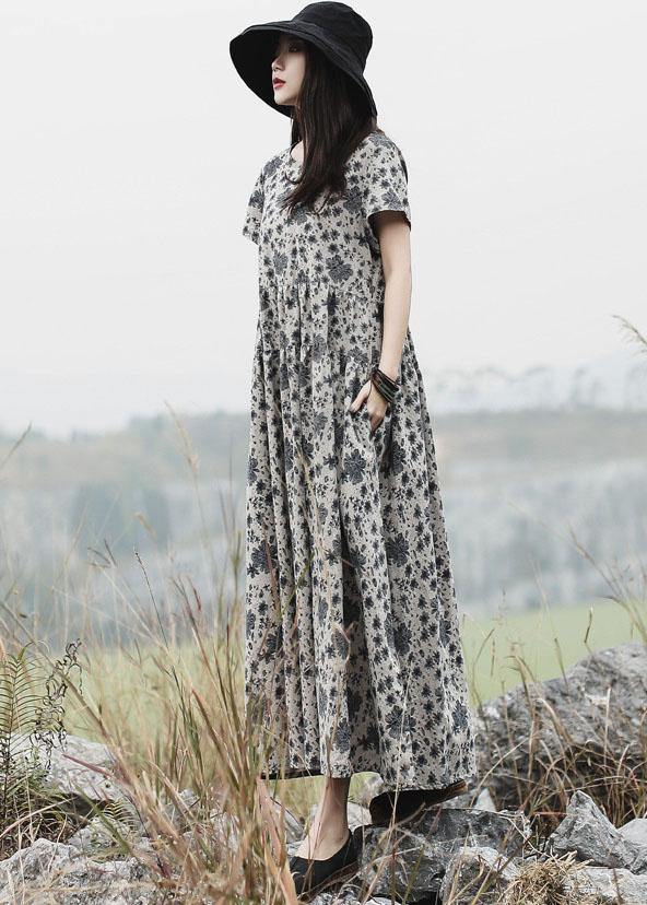 Diy Gray Prints Linen Clothes for O Neck Maxi Summer Dress