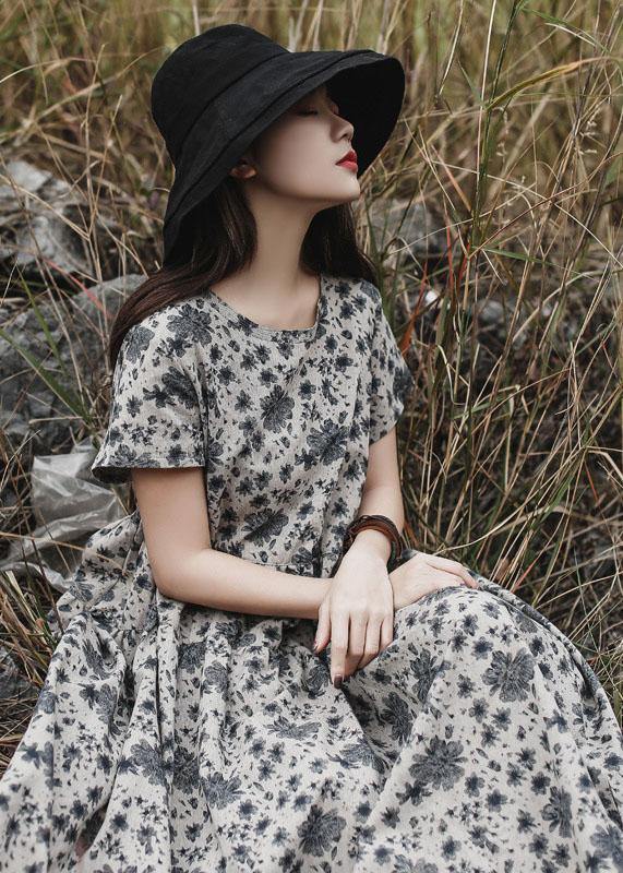 Diy Gray Prints Linen Clothes for O Neck Maxi Summer Dress
