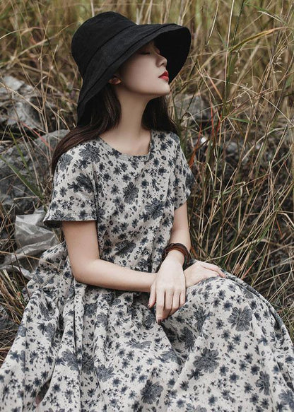 Diy Gray Prints Linen Clothes for O Neck Maxi Summer Dress