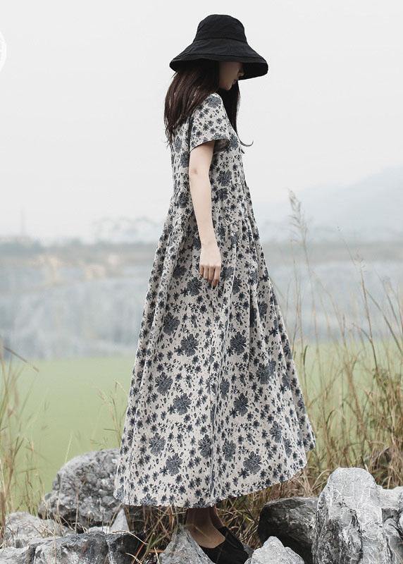 Diy Gray Prints Linen Clothes for O Neck Maxi Summer Dress