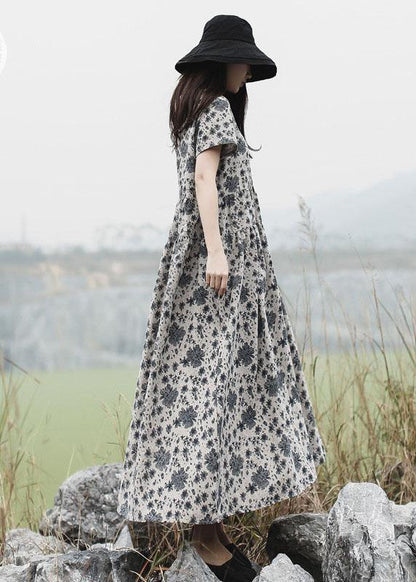 Diy Gray Prints Linen Clothes for O Neck Maxi Summer Dress