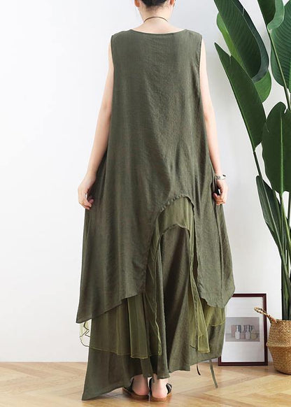 Diy Green Cotton Tunics O Neck Asymmetric Robe Summer Dresses