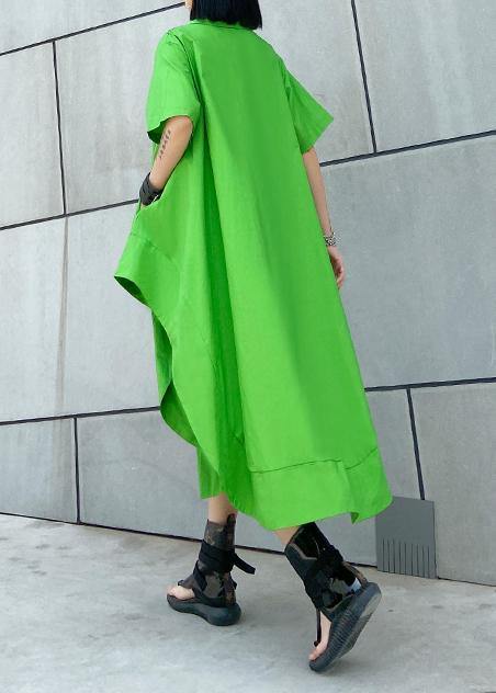 Diy Blue Geometry Cotton Clothes Lapel Asymmetric Kaftan Dress