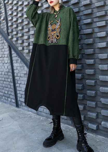 Diy Green Patchwork Black Quilting Clothes Embroidery a Line Dress
