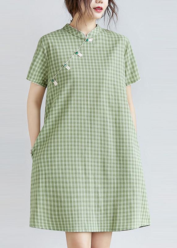Diy Green Plaid Cotton Clothes Stand Collar Pockets Oversized Dress