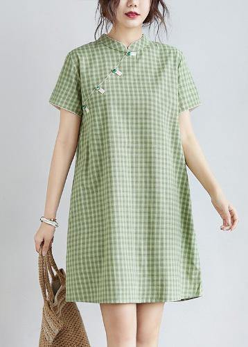 Diy Green Plaid Cotton Clothes Stand Collar Pockets Oversized Dress