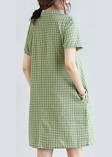 Diy Green Plaid Cotton Clothes Stand Collar Pockets Oversized Dress