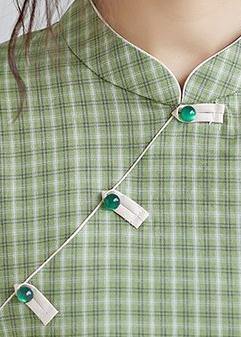 Diy Green Plaid Cotton Clothes Stand Collar Pockets Oversized Dress