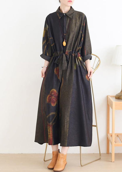 Diy Green Print Dresses Lapel Drawstring Art Dress