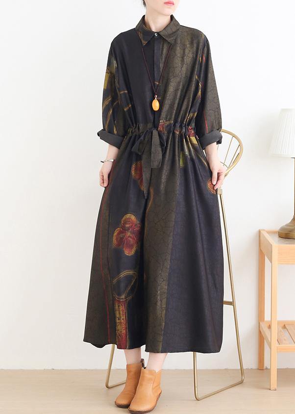 Diy Green Print Dresses Lapel Drawstring Art Dress