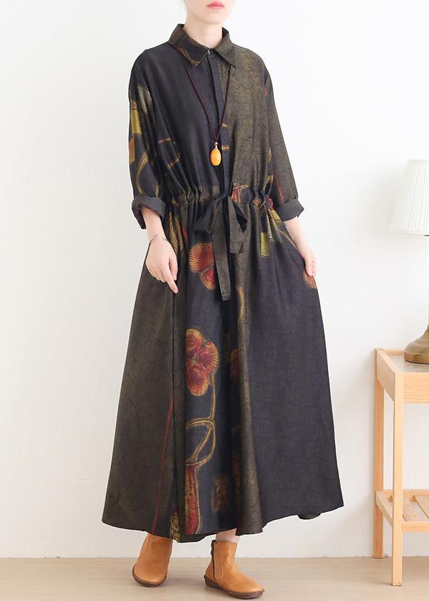 Diy Green Print Dresses Lapel Drawstring Art Dress