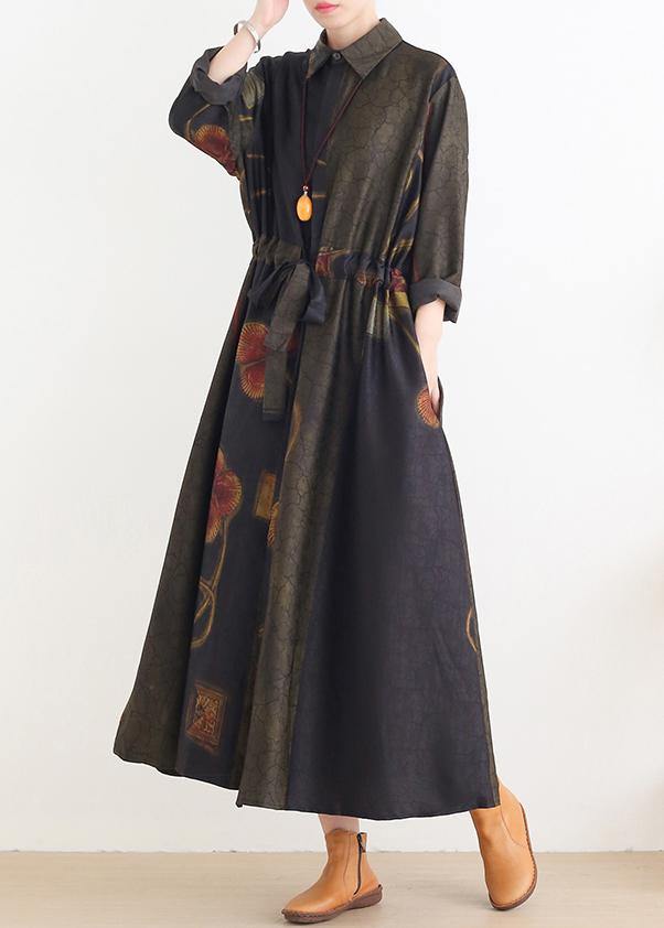 Diy Green Print Dresses Lapel Drawstring Art Dress