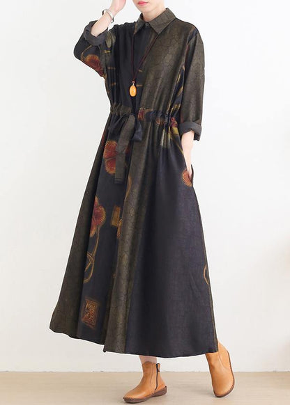 Diy Green Print Dresses Lapel Drawstring Art Dress