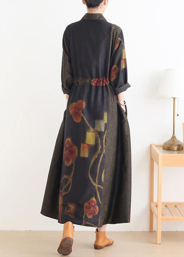 Diy Green Print Dresses Lapel Drawstring Art Dress