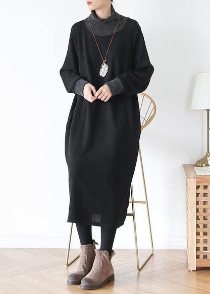 Diy High Neck Patchwork Tunics Inspiration Black Loose Dresses