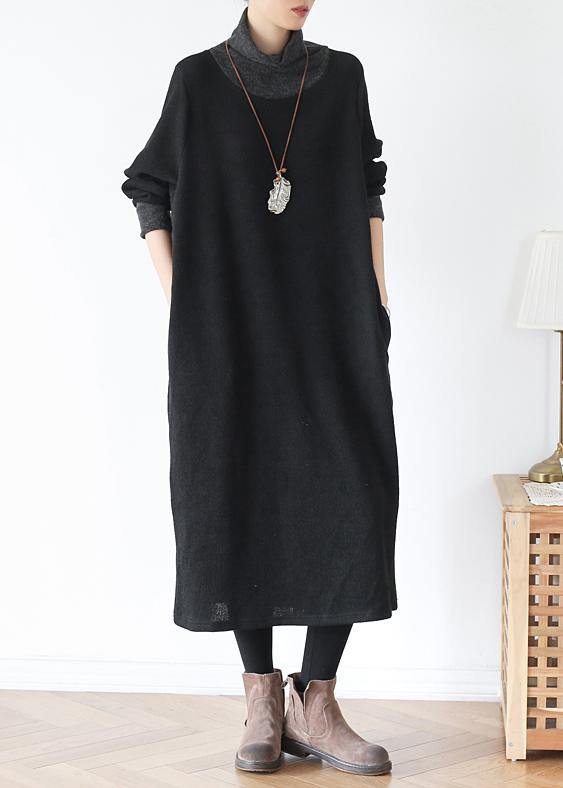 Diy High Neck Patchwork Tunics Inspiration Black Loose Dresses