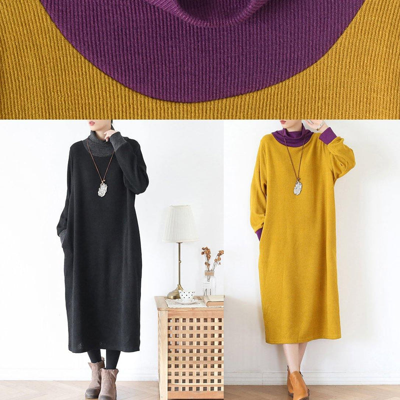Diy High Neck Patchwork Tunics Inspiration Black Loose Dresses