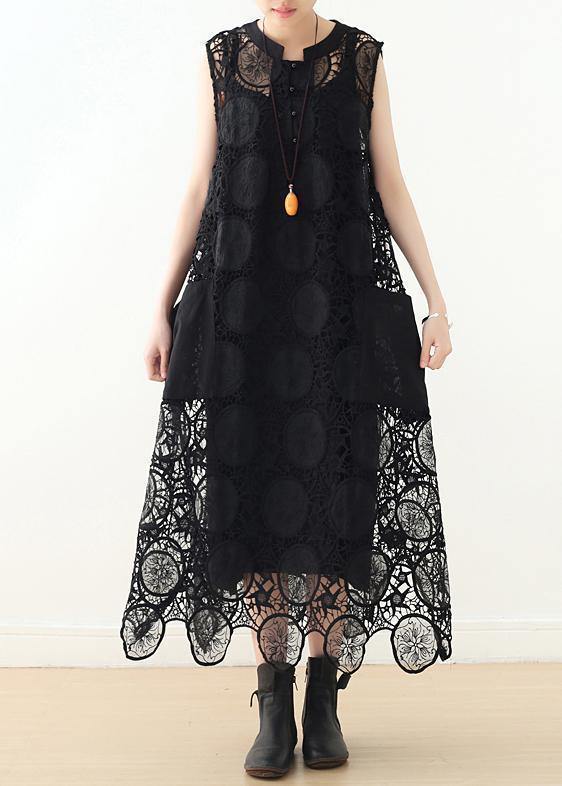 Diy Hollow Out Cotton Long Shirts Runway Black Sleeveless Art Dress Summer