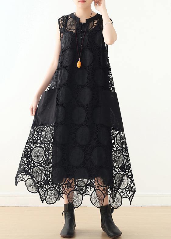 Diy Hollow Out Cotton Long Shirts Runway Black Sleeveless Art Dress Summer