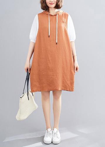 Diy Hooded Batwing Sleeve Linen Cotton Dress Linen Orange Dresses