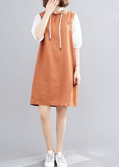 Diy Hooded Batwing Sleeve Linen Cotton Dress Linen Orange Dresses