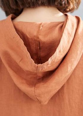 Diy Hooded Batwing Sleeve Linen Cotton Dress Linen Orange Dresses