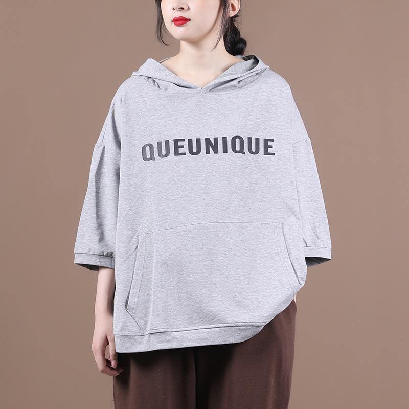 Diy Hooded Half Sleeve Shirts Sewing Light Gray Letter Tops