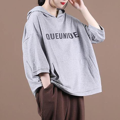 DIY hooded half sleeve shirts women Sewing light gray Letter tops