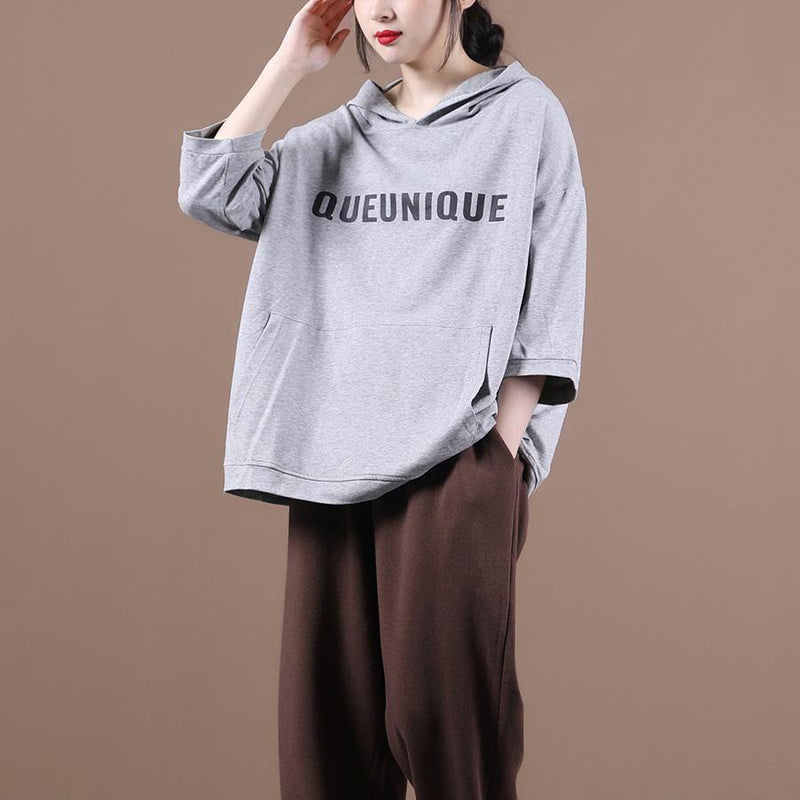 Diy Hooded Half Sleeve Shirts Sewing Light Gray Letter Tops
