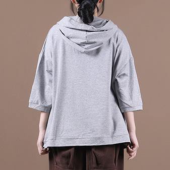DIY hooded half sleeve shirts women Sewing light gray Letter tops