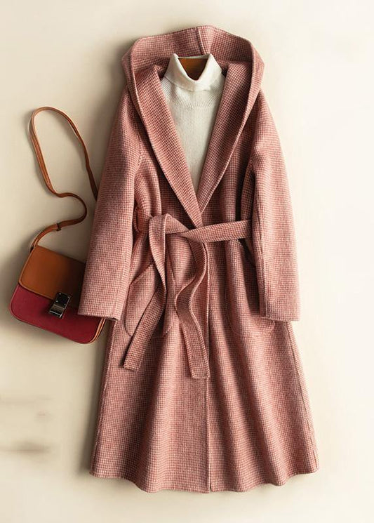 Diy Hooded Tie Waist Woolen Coats Red Plaid Tunic Outwear