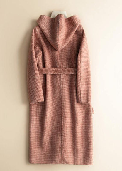 Diy Hooded Tie Waist Woolen Coats Red Plaid Tunic Outwear