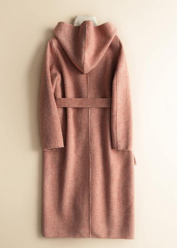 Diy Hooded Tie Waist Woolen Coats Red Plaid Tunic Outwear