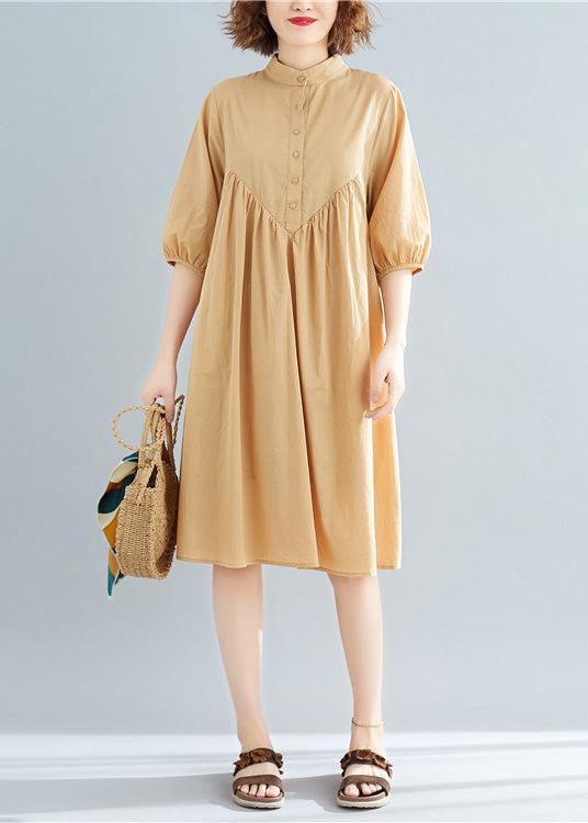 Diy Khaki Cotton Shirts Organic Photography Stand Collar Loose Summer Dresses
