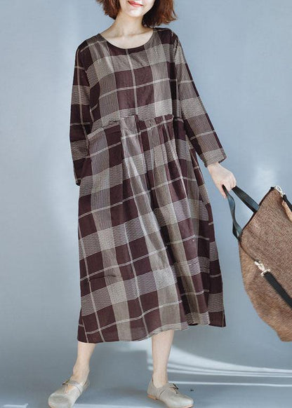 Diy Khaki Plaid Cotton Quilting Dresses Patchwork Robe Summer Dress